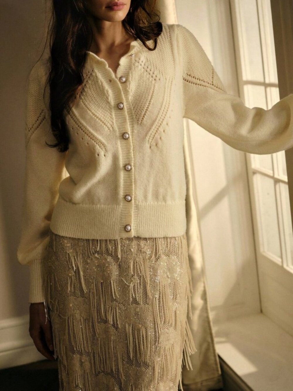 Cream Pointelle Knit Pearl Button Round Neck Cardigan
